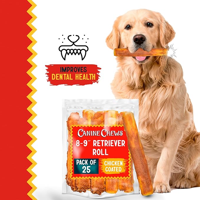 Canine Chews 8-9" Chicken Coated Dog Rawhide Retriever Rolls (25 Pack) - Chicken Rawhide Bones for Large Dogs - 100% USA-Sourced Chicken Coated Dog Rawhide Chews - Healthy Dog Dental Chew Rawhides-PawvioPets