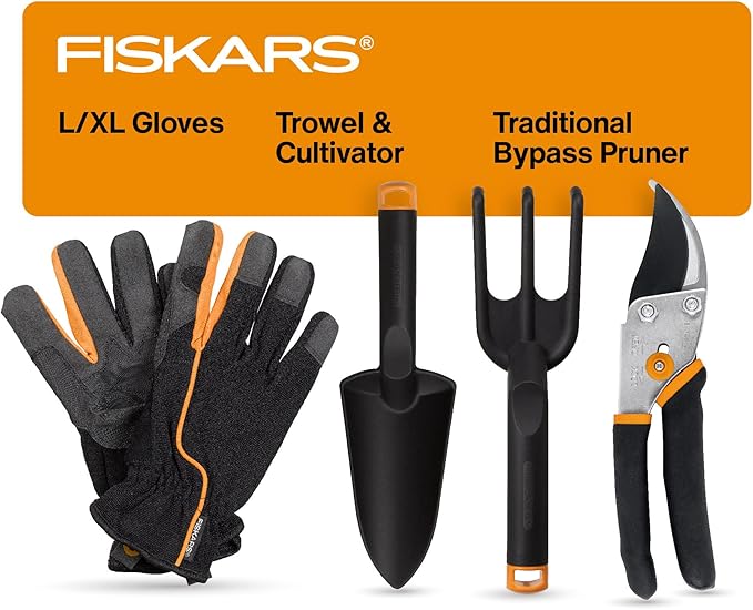 Fiskars House Plant Starter Tool Gift Set with Bypass Pruner, Trowel, Cultivator, and L/XL Garden Gloves, Accessories for Indoor Gardening (4 Piece Kit)-PawvioPets
