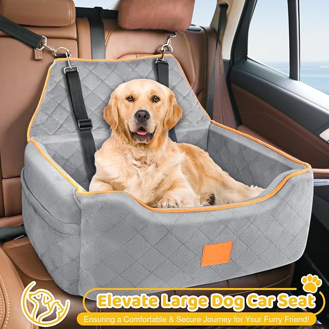Dog Car Seat for Large/Medium Dog, Booster Seat for Dogs Under 55Lbs or 2 Small Puppy, Detachable and Washable Travel Pet Bed with Thick Cushion and Storage Pockets (Gray)-PawvioPets