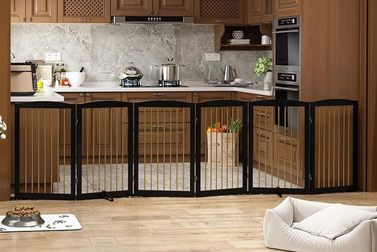 Freestanding Pet Gate for Dogs, Indoor Wooden Dog Gate for House, Extra Wide Dog gate, Foldable Dog Gate for Stair, Doorway, Hall, Support Feet Included, 120 Inch Wide, 6 Panels 32",Black&Gold-PawvioPets