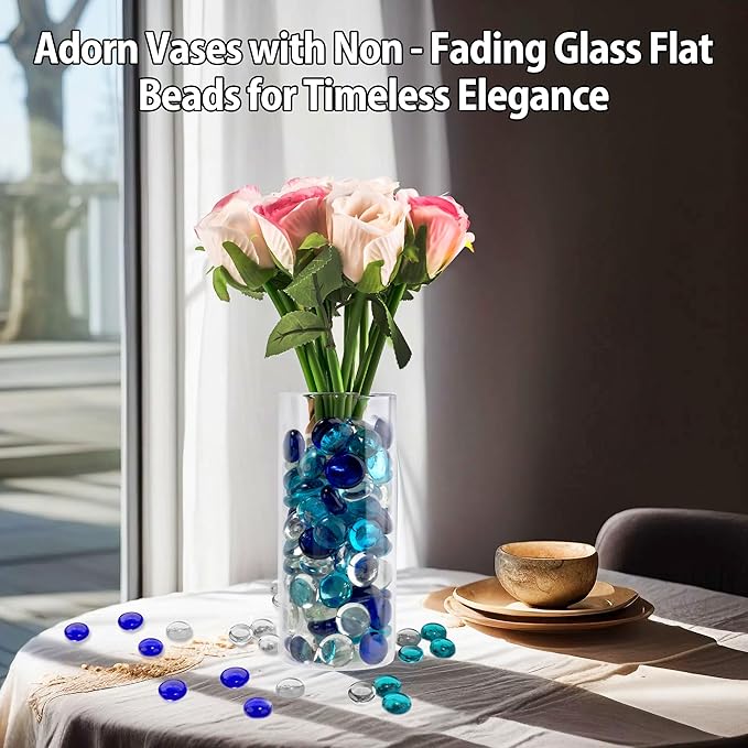 1LB Mixed Blue Glass Marbles, Transparent and Smooth Flat Glass Beads for Vases, Mosaic Gem Pebbles for Aquarium Decor, Floral Arrangements, Mancala Stones, Vase Filler and Crafts (Approx. 80-100 PCS)-PawvioPets