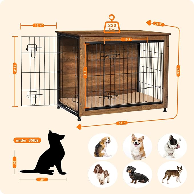 DWANTON Dog Crate Furniture with Cushion, Wooden Kennel Table with Double Doors, Indoor Dog House, Medium Size, 32.5" L, Warm Brown-PawvioPets