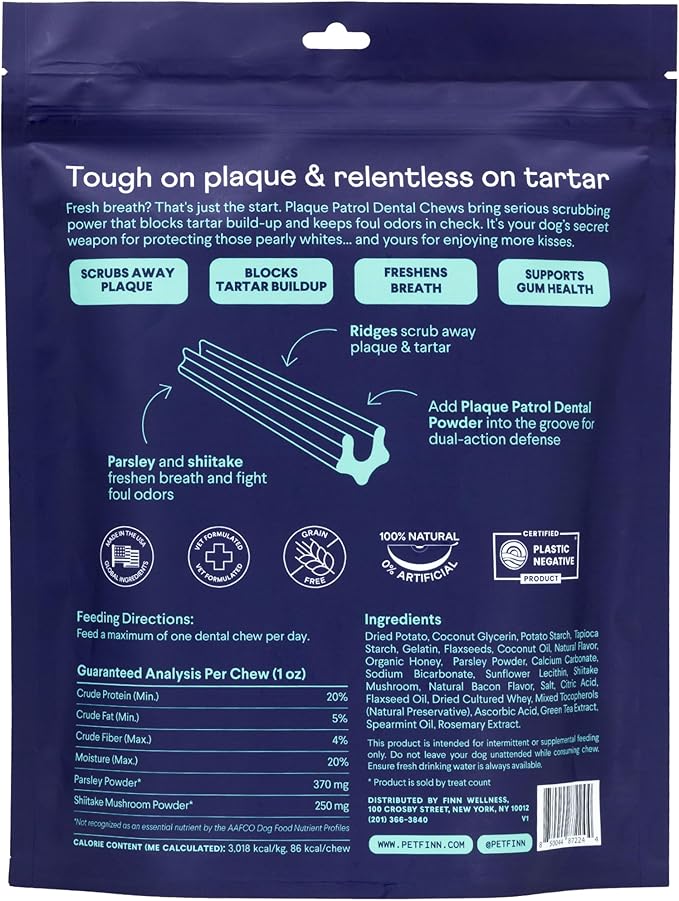 Finn Plaque Patrol Dental Chews | Triple-Action Defense Against Plaque, Tartar, and Bad Breath | for Medium/Large Dogs, 25+ lbs-PawvioPets