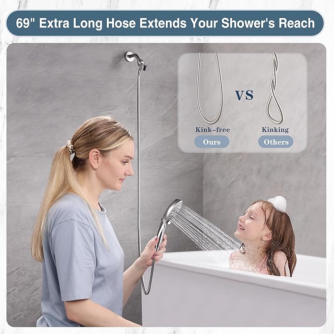 BRIGHT SHOWERS High Pressure Shower Head with Handheld, 9 Spray Settings Showerhead Built in Power Wash to Clean Tub and Pets, Extra Long 69" Hose, Adjustable Bracket, Brushed Nickel-PawvioPets