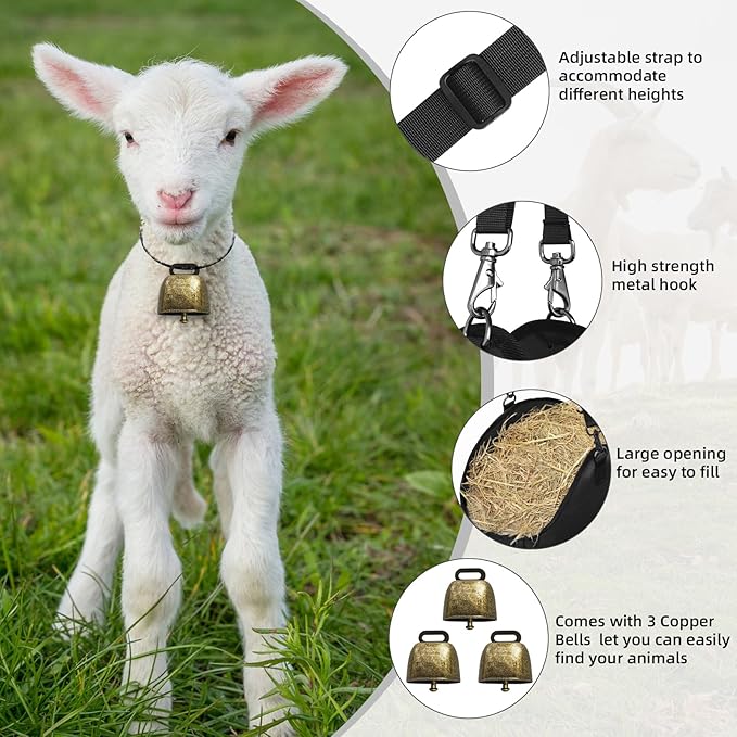 3 PCS Goat Hay Feeder,Hay Bags for Horses,Goats,Donkeys with Reinforced Oxford Fabric and High Strength Metal Clasp,Horse Feeding Supplies with Adjustable Strap for Easy Hanging (3Black)-PawvioPets