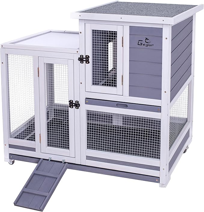 GEGURI Rabbit Hutch, Two-Story Indoor Bunny Cage, Outdoor Guinea Pig Cages for Small Animals with Wheels, Removable Tray-PawvioPets