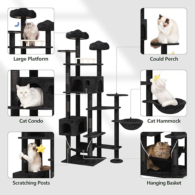 85inch Giant Cat Tree for Heavy Duty Big Cats, Multi-Level Luxury Cat Tower with Scratching Post, Cat Condo with Hammocks & Plush Perches for Indoor Cats Large Adult, Black-PawvioPets