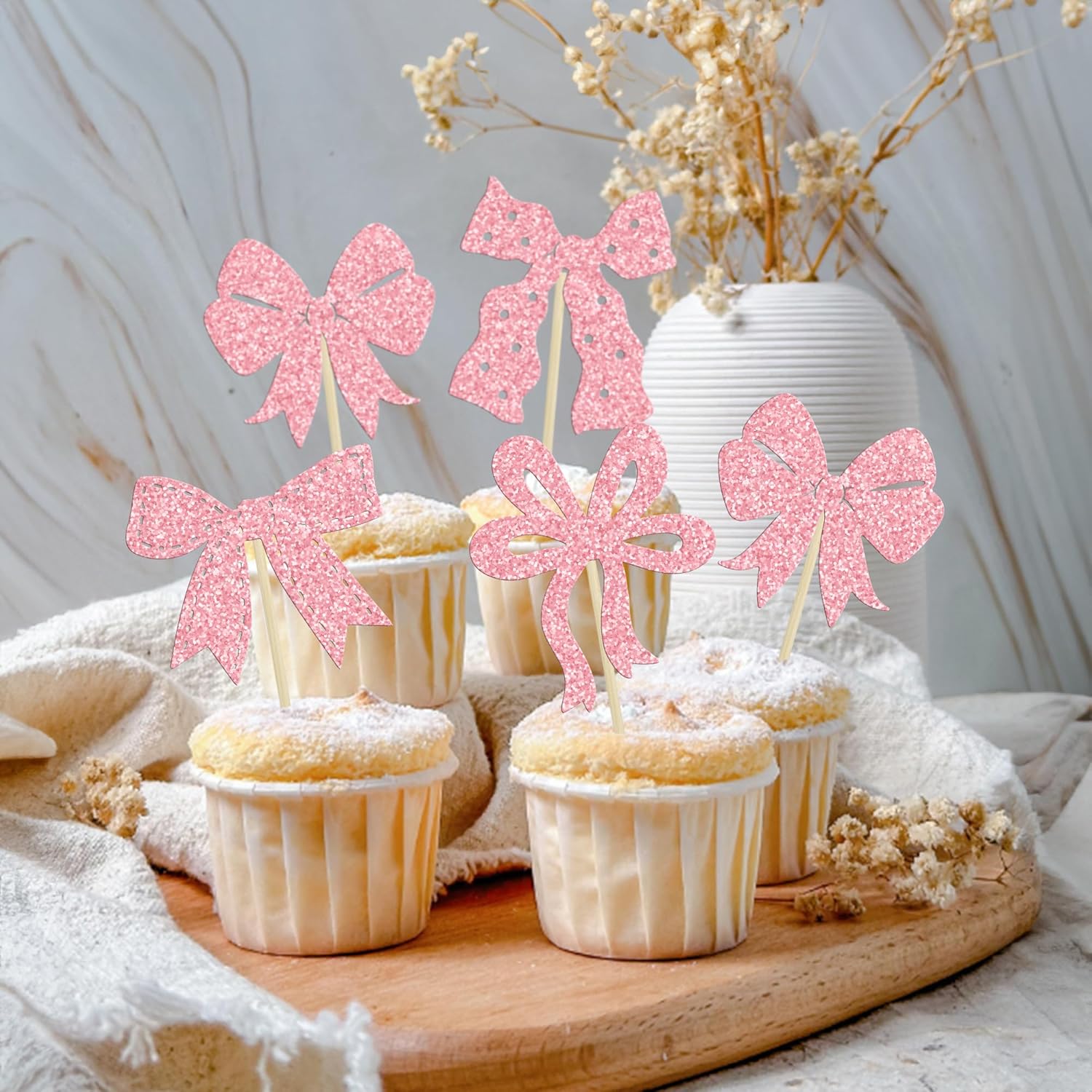 Ephlyn 24Pcs Bow Cupcake Toppers Pink Girls Birthday Party Decorations Bowknot Cupcake Toppers Bow Tie Birthday Cupcake Decorations Dessert Cake Toppers for Wedding Bachelorette Party Pink