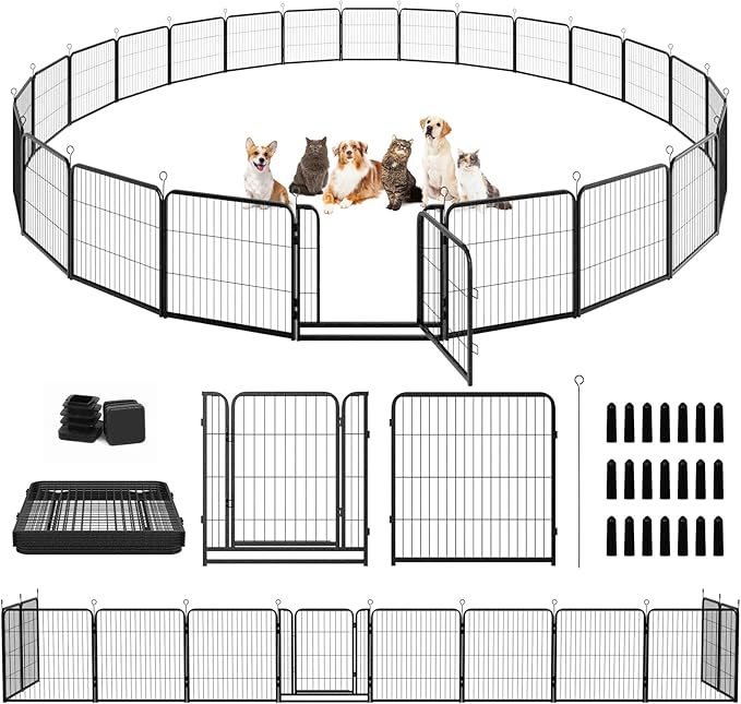 Dog Playpen Outdoor Extra Wide 24 Panels Heavy Duty Dog Fence 32" Height Anti-Rust with Doors Portable for RV Camping Yard, Total 63FT, 316 Sq.ft, Snowy Black-PawvioPets