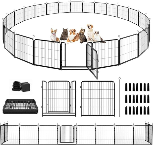 Dog Playpen Outdoor Extra Wide 24 Panels Heavy Duty Dog Fence 32" Height Anti-Rust with Doors Portable for RV Camping Yard, Total 63FT, 316 Sq.ft, Snowy Black-PawvioPets