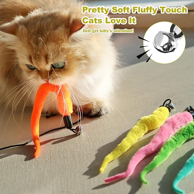 10PCS Cat Worm Toy for Cats, Cat Wand Toy Accessories, Cat Feather Toy Attachments Replacements, and 1PC Black String for Cat Fishing Pole Toy, Assorted Worm Cat Toy Teaser for Indoor Cats Kitten-PawvioPets