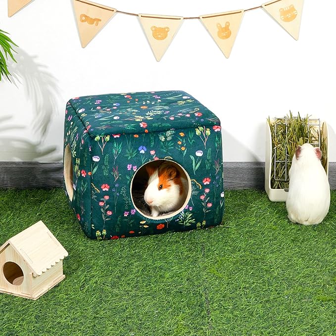 Bienbee Guinea Pig Hideout, Washable Guinea Pigs House Cozy Guinea Pigs Bed for Small Pet Bunny/Rabbit/Hamster/Chinchilla Guinea Pig Accessories Green Flowers-PawvioPets