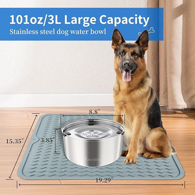 3L Large Capacity Stinless Steel Dog Water Bowl and Waterproof Silicone Dog Food Tray, Slow Down Drinking Pet Water Bowl-PawvioPets