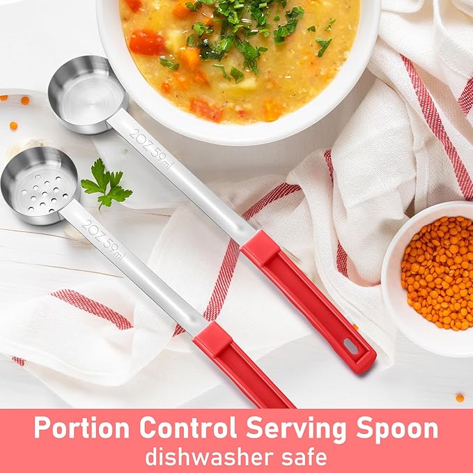 16 Pcs Portion Control Serving Spoons, Restaurant Measuring Serving Ladle Utensils, Portion Control Slotted Scoops for Weight Loss, Solid and Perforated Scoops(Red,2 oz)-PawvioPets