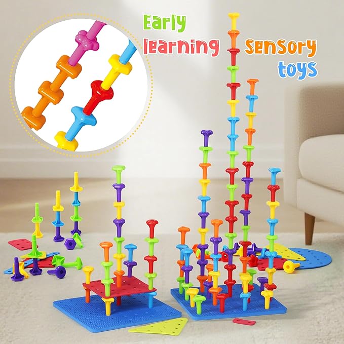 Ggiibro Peg Board Toy set 101Pcs DIY Building Stacking Toys for Kids 3-6 Years Old,STEM Educational Kids Toy for Brain Development,Montessori Sensory Toys,Plastic Lacing String Game-PawvioPets