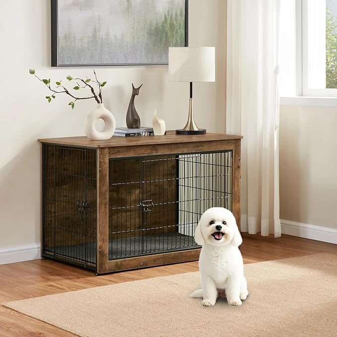 Dog Kennel Furniture, Wooden Dog Crate End Table, Heavy Duty Dog Crate, Decorative Pet Crate Dog Cage for Large Indoor Use (Rustic Brown) 27" L×20" W×23" H-PawvioPets