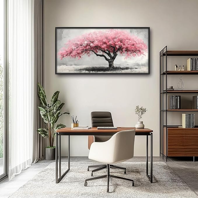 Extra Large Framed Pink Tree Wall Art,Abstract Tree of Life Wall Decor,Pink and Grey Pictures for Living Room,Canvas Print Painting Modern Artwork Bedroom Office Bathroom Home Decor 60L x30W-PawvioPets