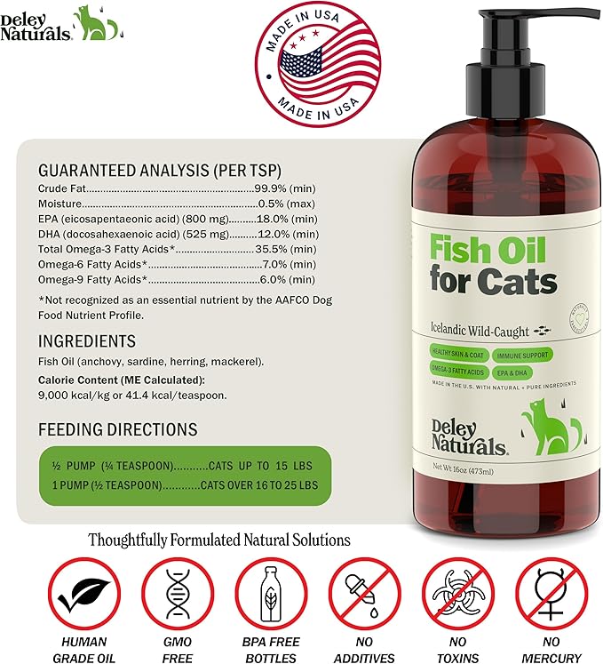 Deley Naturals Wild Caught Fish Oil for Cats with 2X Omega - Cat Fish Oil with Highest EPA & DHA Potency - Omega 3 for Cats for Shedding, Skin, Coat, Joints, Heart and Immune System - Made in The USA-PawvioPets