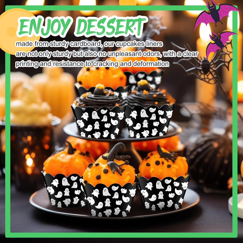 Domensi 100 Pcs Halloween Ghost Cupcake Wrappers Cupcake Liners Ghost Baking Cups Baking Liners for Wedding Bridal Baby Shower Birthday Halloween Party Supplies Dessert Decoration