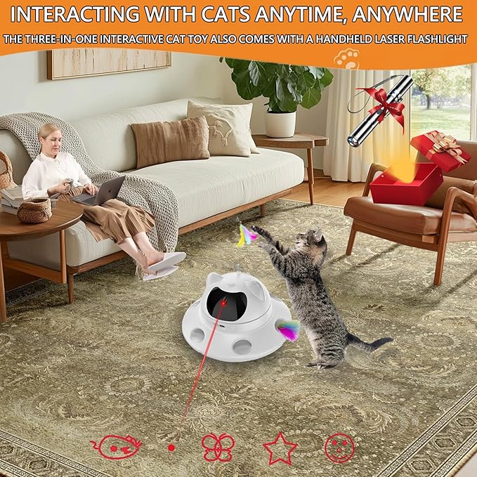 3-in-1 Cat Laser Toy & Interactive Automatic Motion-Activated Kitten Toy – 6 Holes Whack-A-Mole Feather & Moving Ambush Fun – USB Rechargeable, Apply to – Indoor Exercise for Cats of All Breeds-PawvioPets