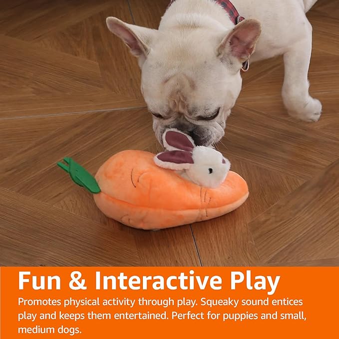 Amazon Basics Interactive Hide and Seek Squeaky Dog Plush Toy, Rabbit and Carrot, Orange and White, 5-Pack-PawvioPets