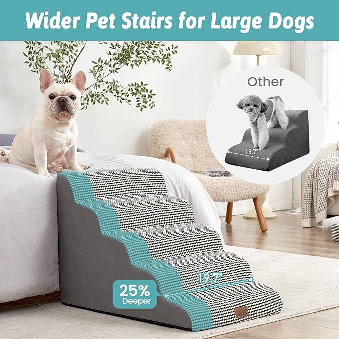 Extra Wide Dog Stairs 19.7" Width, Large Pet Step for Small Medium Dog, Puppy or Cat, Ramp for High Bed or Car, High Density Foam Ladder, Stable, 5 Step, 19.7x33x22.4 inch, White Black-PawvioPets