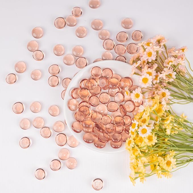 Glass Marbles, 0.97 LB Transparent and Smooth Flat Glass Beads for Vases, Mosaic Gem Pebbles for Aquarium Decor, Floral Arrangements, Mancala Stones, Vase Filler and Crafts, Pink-PawvioPets