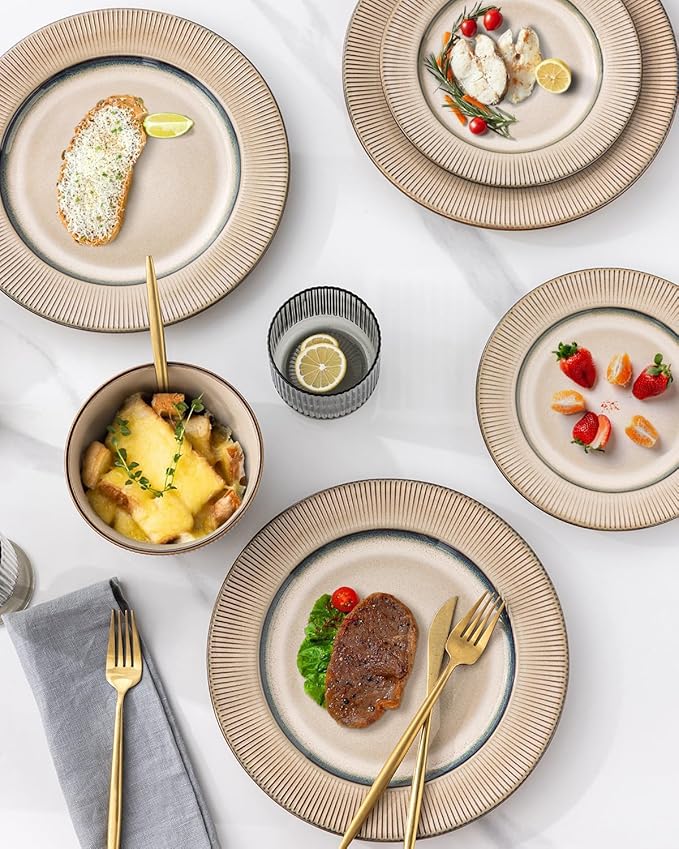 GBHOME Ceramic Dinnerware Sets,12 pcs Embossed Elegant Stoneware Plates and Bowls Sets, Housewarming Wedding Gift | Dishwasher & Microwave Safe | Dishes Set Service for 4-PawvioPets