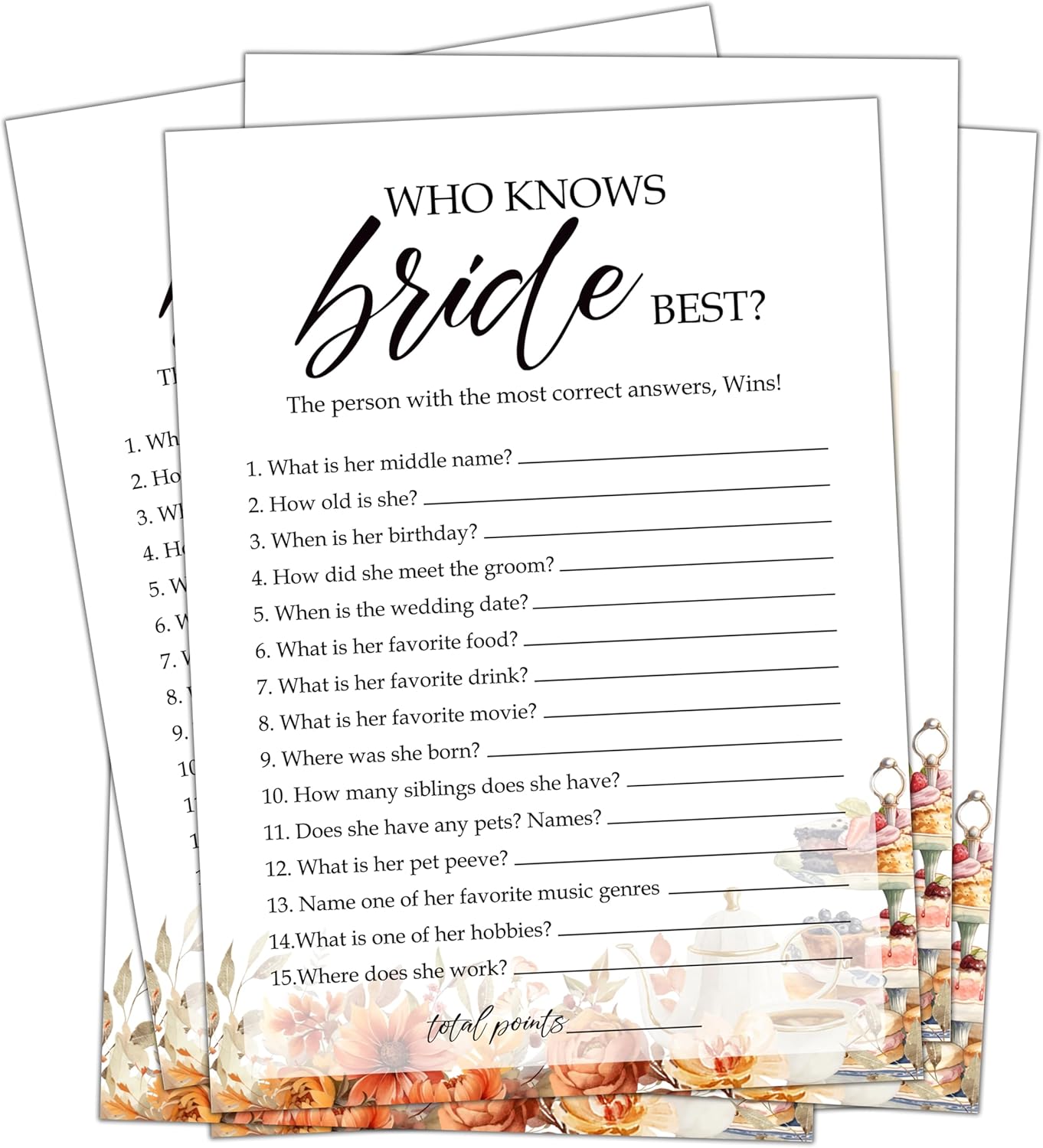 Fall Bridal Shower Games Cards, Who Knows Bride Best Wedding Bachelorette Party Games, Fall in Love Bridal Shower Decorations, 25 Cards, G07