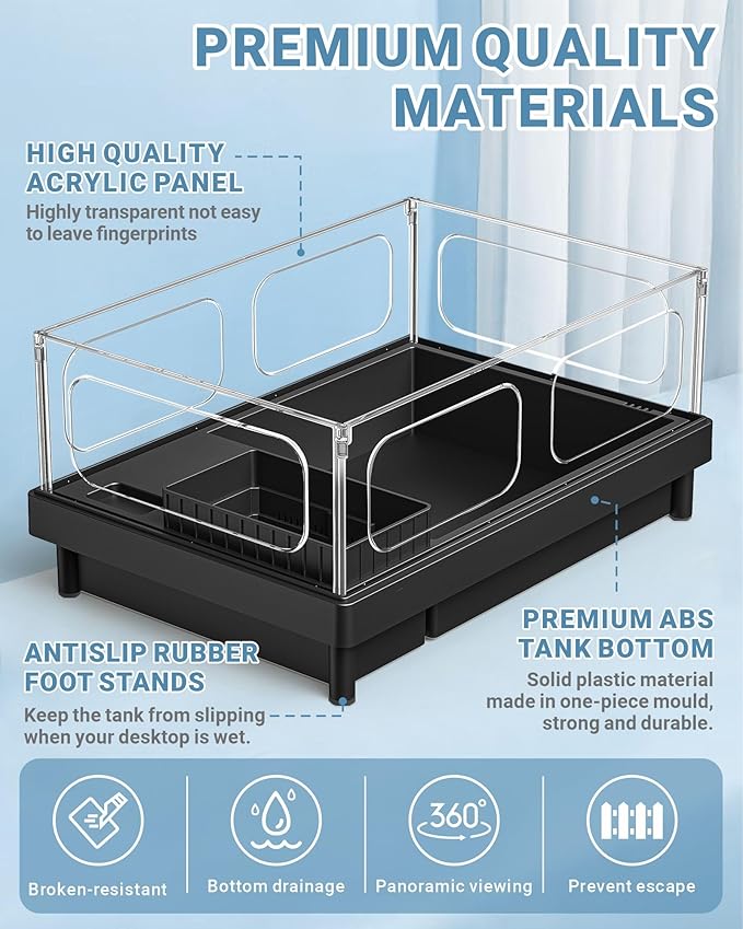 GOZILLA Small Turtle Tank Kit(Tank+Lamp+Filter), Acrylic Turtle Starter Kit with Adjustable Lamp, Reptile Habitat and Terrarium with Multi-Functional Areas for Small Reptiles. (Black Kit)-PawvioPets