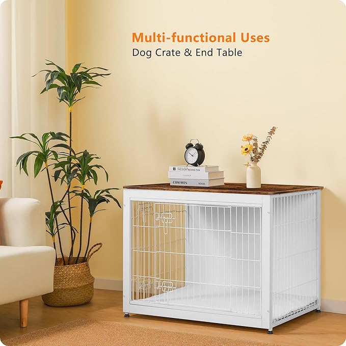 DWANTON Dog Crate Furniture with Cushion, Wooden Kennel Table with Double Doors, Indoor Dog House, Large Size, 38.5" L, White+Rustic Brown-PawvioPets