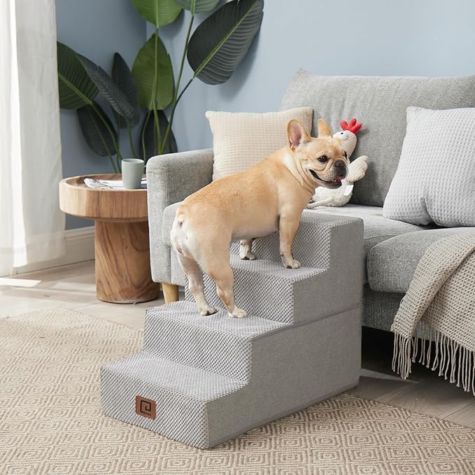 EHEYCIGA Dog Stairs for Bed 18" H, 4-Step Dog Steps for High Bed, Pet Steps for Small Dogs and Cats, Non-Slip Balanced Pet Ramp Indoor, Light Grey-PawvioPets
