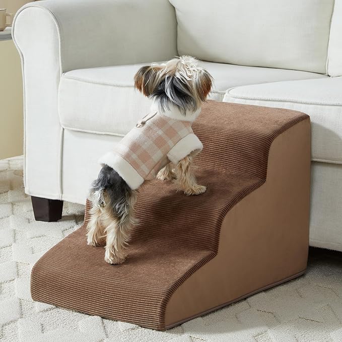 Dog Stairs for Small Dogs, 3-Steps Dog Ramp for Bed and Couch, Pet Stairs with Highly Supportive Foam and Non-Slip Bottom, Pet Steps for Cat & Doggie (High 15.7 Inch)-PawvioPets