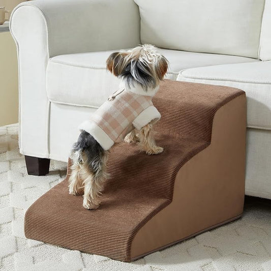 Dog Stairs for Small Dogs, 3-Steps Dog Ramp for Bed and Couch, Pet Stairs with Highly Supportive Foam and Non-Slip Bottom, Pet Steps for Cat & Doggie (High 15.7 Inch)-PawvioPets