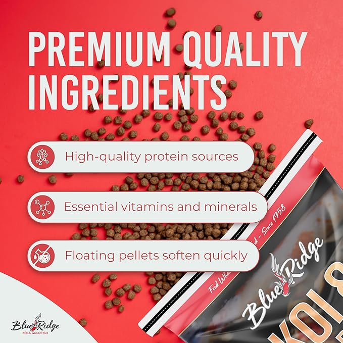 Blue Ridge Koi Fish Food 25lb - Koi Food 3/16” Large and Mini Blend Growth Formula, Goldfish Food, Premium Fish Food for Ponds, Ponds Fish Food, Floating Pond Pellets-PawvioPets
