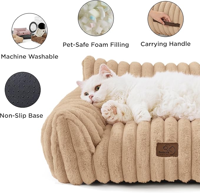 Bedsure Cute Cat Couch for Pets - Fluffy Small Dog Sofa with Premium Soft Corduroy Fleece, Pet Sofa with Removable Washable Cover, Supportive Dog Couch Bed for Small Medium Dogs, 30inch, Tuscan Beige-PawvioPets