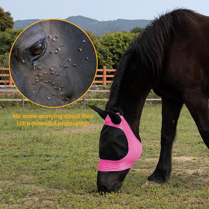 2 Piece Horse Fly Mask with Ears, Comfortable Fit Stretch Fabric Big Eye Space Soft Breathable with UV Protection for Full Horses (Blue-Pink)-PawvioPets
