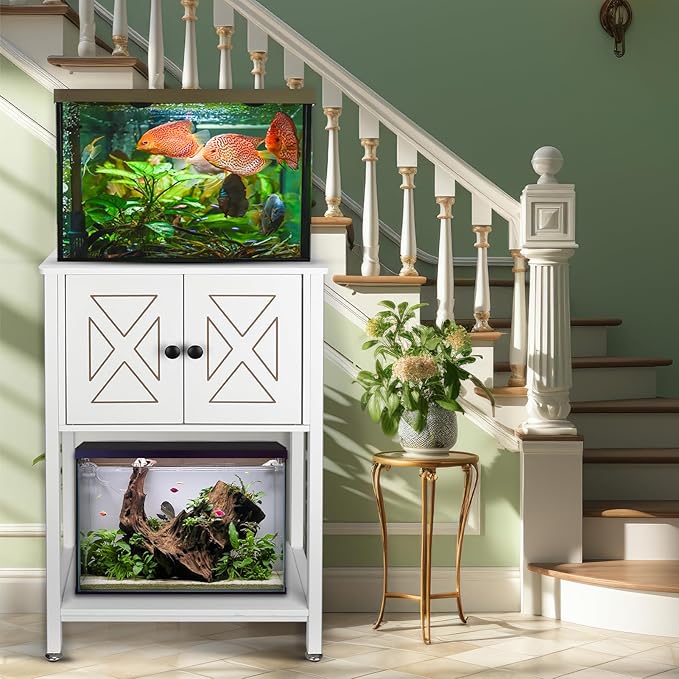 5-10 Gallon Fish Tank Stand, Heavy Duty Aquarium Stand with Cabinet & Power Outlets for Fish Tank Accessories Storage, Double Reptile Terrarium Stand 20.5" L* 11" W Tabletop, White-PawvioPets