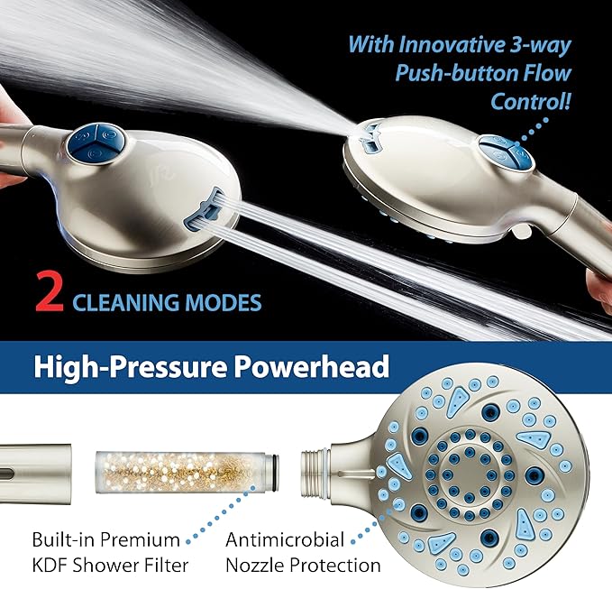 AquaCare High Pressure 10 Spray Mode Filtered Showerhead - Handheld Shower Head Filters Chlorine to Heal Dry Skin, Revive Hair - Dual Power Wash Cleans Tub, Tile, Pets - Hard Water Softener, Nickel-PawvioPets