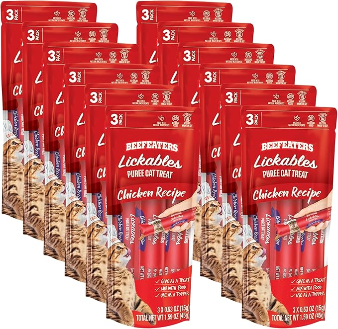 Beefeaters Cat Treats Lickable Puree 1.59oz (12-Pack) – Chicken, Grain-Free, Taurine-Enriched, Ideal for Training & Interactive Feeding-PawvioPets