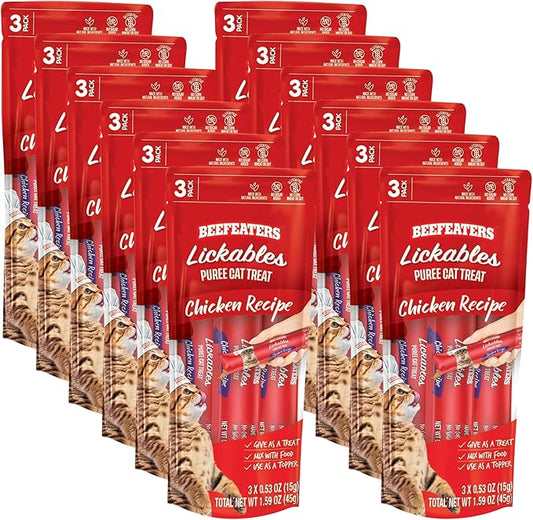 Beefeaters Cat Treats Lickable Puree 1.59oz (12-Pack) – Chicken, Grain-Free, Taurine-Enriched, Ideal for Training & Interactive Feeding-PawvioPets