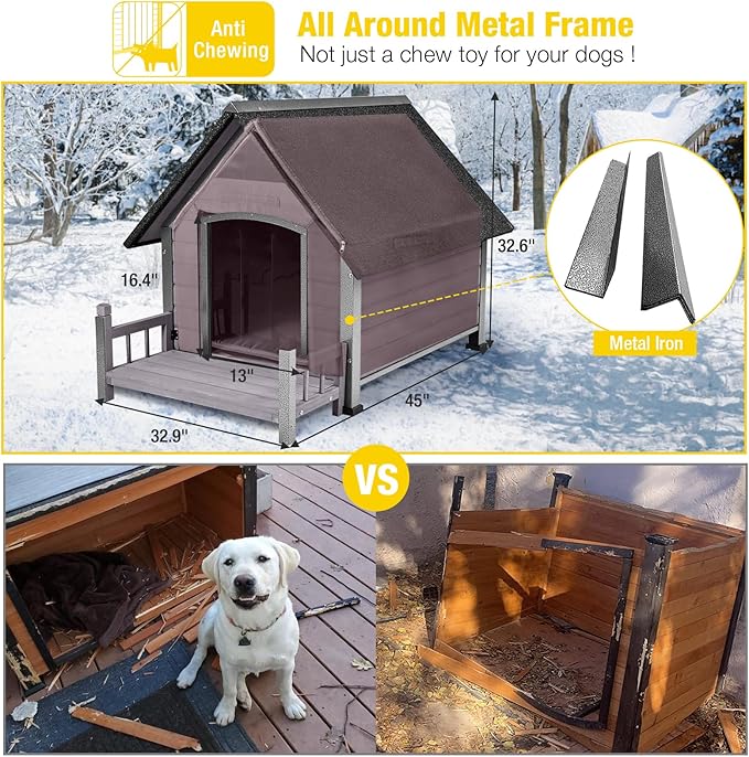 Aivituvin Dog House Outdoor with Metal Frame, Insulated Dog Kennel Outside for Small to Medium Breed, 45" Weatherproof Large Dog Shelter with Anti-Chewing Iron Frame, Grey (45" D x 32.9" W x 32.6" H)-PawvioPets