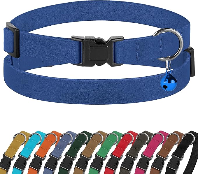 Breakaway Cat Collar Leather with Removable Bell - 13 Colors Available - Soft Adjustable Girl Boy Safety Lightweight Pet Kitten Collars Pink Brown Blue Green Red Orange Black (Blue)-PawvioPets