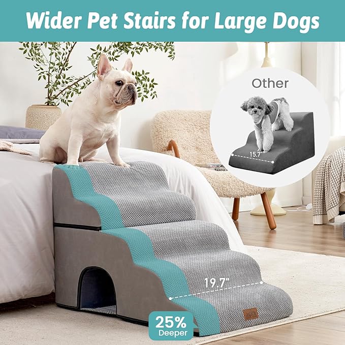 Extra Wide Dog Stairs with Tunnel, Detachable Large Pet Step for Small Medium Dog, Puppy or Cat, Ramp for High Bed, Couch, Sofa or Car, Stable, 19.7x33x22.4 inch, 5 Step, Grey-PawvioPets