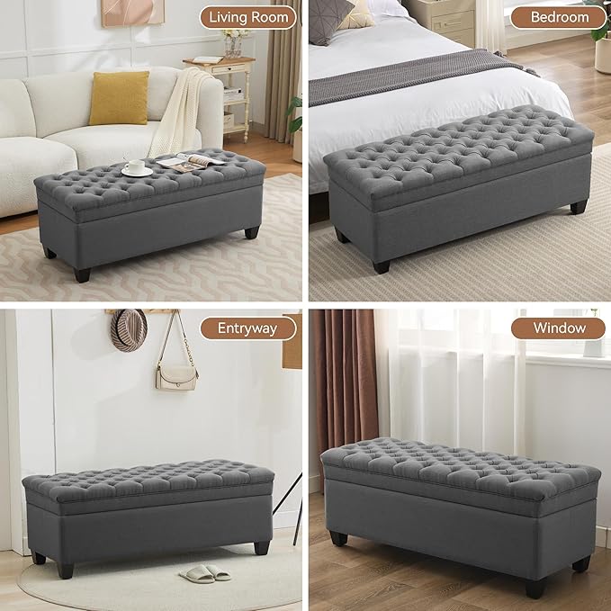 51" Fabric Storage Ottoman Bench, Upholstered Rectangle End of Bed Storage Ottoman Tufted Living Room Bedroom Bench with Safety Hinge, Solid Wood Legs, Loads 500 lb(Dark Grey)-PawvioPets