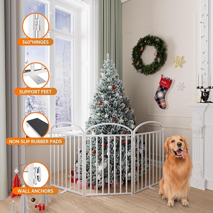 3 Panles Full Matel Freestanding Dog Gates with Door, 72"Extra Wide 32"Tall Free Standing Dog Pet Gate for Indoor & Outdoor. Foldable Pet Fences for Doorways, House, Stairs, Porch, Deck, Yard-PawvioPets