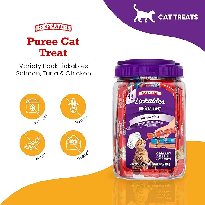 Beefeaters Cat Treats Variety Pack Lickable Puree 48ct – Salmon, Tuna & Chicken, Grain-Free, Taurine-Enriched, Ideal for Training & Interactive Feeding-PawvioPets