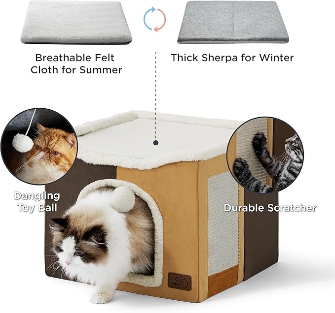 Bedsure Cat Beds for Indoor Cats - Large Cat Cave for Pet Cat House with Fluffy Ball Hanging and Scratch Pad, Foldable Cat Hideaway, 16.5x16.5x13 inches, Burnt Honeycomb-PawvioPets