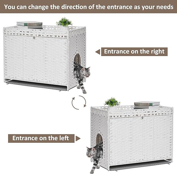 Cat Litter Box Enclosure with Soft Litter Mat; Hidden Cat Washroom Furniture with Door; Handwoven Rattan Cat House with Large Space; Pet Crate for Living Room, Bedroom, Balcony (White)-PawvioPets