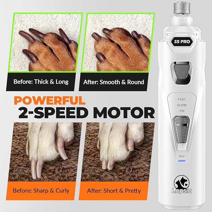 Dog Nail Grinder with 2 LED Lights Powerful 2 Speeds Super Quiet Dog Nail Trimmers with 3 Grinding Wheels Rechargeable Pet Dog Nail Clippers for Large Medium Puppy Dogs Dog Nail File Cat Nail Clipper-PawvioPets